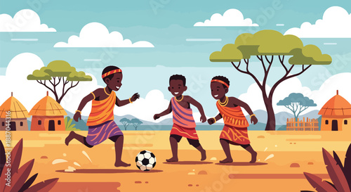 Vector illustration of African children playing football on a dusty field, expressing energy, friendship, and joyful outdoor sports in rural community life through flat vector design