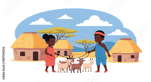 Vector illustration of African children herding goats near their homes, showing responsibility and connection to rural life and animals in flat vector style