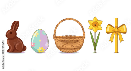 This charming arrangement features a chocolate bunny, a decorated Easter egg, a wicker basket, a yellow daffodil, and a symbolic golden cross, celebrating Easter.