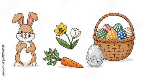 A friendly cartoon rabbit, blooming daffodils, a fresh orange carrot, a wicker basket filled with colorful eggs, and a shiny foil egg on white.