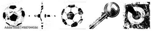 Grunge Textured Soccer Ball, Key, and Target Symbols in Halftone Vector Style