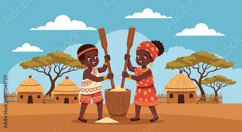 Vector illustration of African children pounding grain together, reflecting traditional food preparation and cooperative family life in rural communities in flat vector style