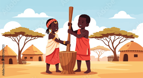 Vector illustration of African children pounding grain together, reflecting traditional food preparation and cooperative family life in rural communities in flat vector style