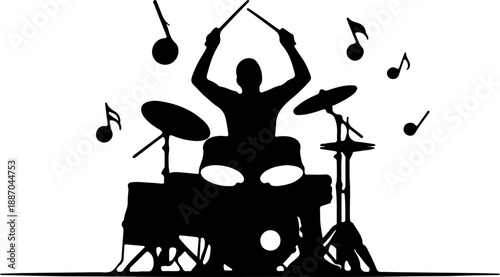 Dynamic silhouette of a drummer playing intensely, surrounded by musical notes, embodying rhythm and passion