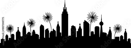 Cityscape Silhouette with Whimsical Dandelions Blooming Amongst Skyscrapers