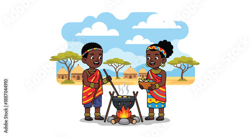 Vector illustration of African children helping cook meals outdoors with simple pots, showing daily family contribution and rural lifestyle in flat vector style