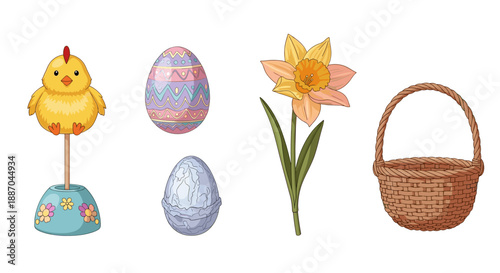 A collection of modern bathroom essentials, including a sink, mirror, towel rack, cabinet, and a hamper, isolated on white.