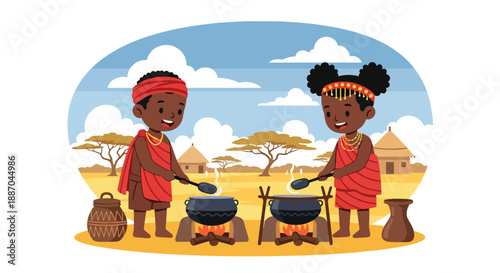 Vector illustration of African children helping cook meals outdoors with simple pots, showing daily family contribution and rural lifestyle in flat vector style