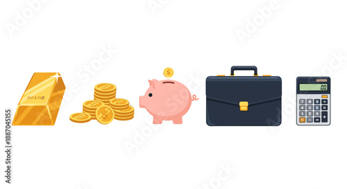 A shining gold bar, stacked coins, a piggy bank, a briefcase, and a calculator are visually presented.