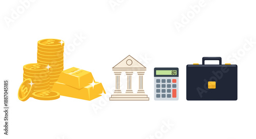 Stacked golden coins, gold bars, a bank building, a calculator, and a professional briefcase are visually presented.