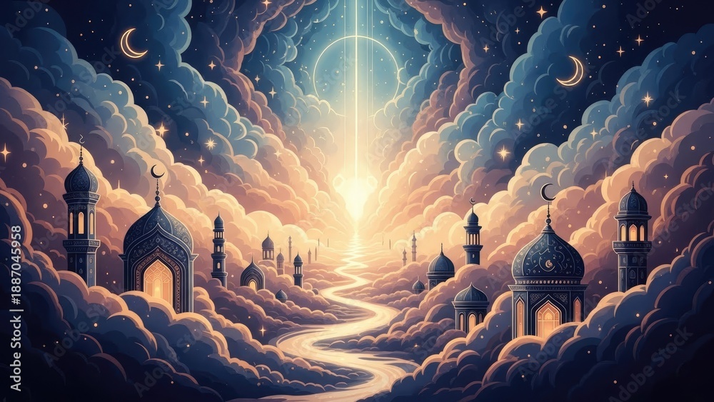 Fototapeta premium Mystical Mosques in Cloudy Night Sky.