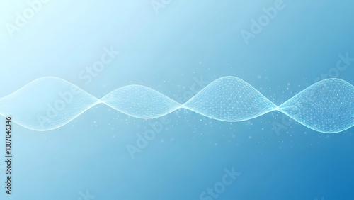 Digital wavy particle string on a blue background creating an abstract technology concept