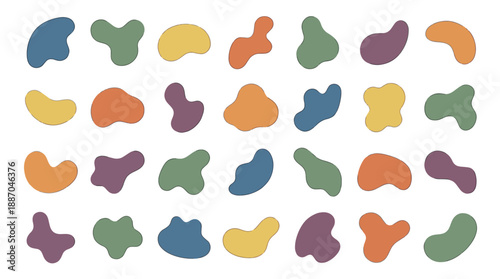 Colorful abstract shapes in various hues and forms on a white background in a digital illustration style