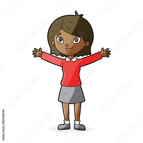 Cartoon girl standing with open arms and smiling