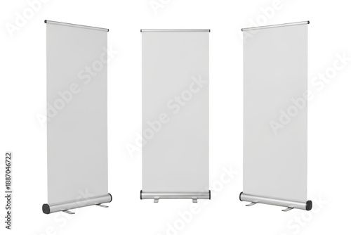 Three blank white roll-up banners in various angles for advertising and promotion mockup isolated on transparent background