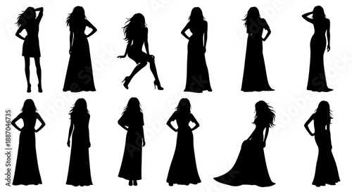 Silhouette of women in various poses and dresses illustrated in a vector format on a clean background