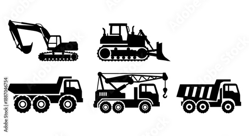 Collection of heavy machinery vehicles including excavator, bulldozer, dump trucks, and crane displayed in a graphic illustration