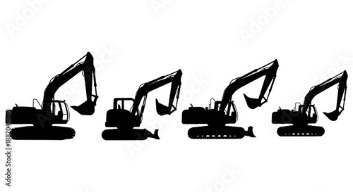 Excavators in various poses, heavy machinery, construction site, industrial equipment, vector illustrations