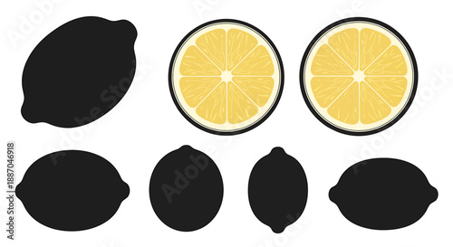 Set of lemon silhouettes and sliced lemons in a graphic illustration from a straightforward viewpoint