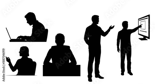 Silhouettes of people working on laptops and presenting on screens in a modern office setting from various viewpoints
