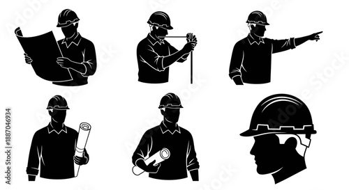 Set of construction workers in various poses and actions, hard hats and tools, vector illustrations