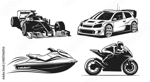 Vector illustrations of various high-speed vehicles including a formula car, rally car, jet ski, and motorcycle on a clean white background