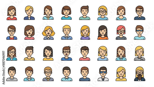 Diverse group of people icons in various hairstyles and attire displayed together in a grid