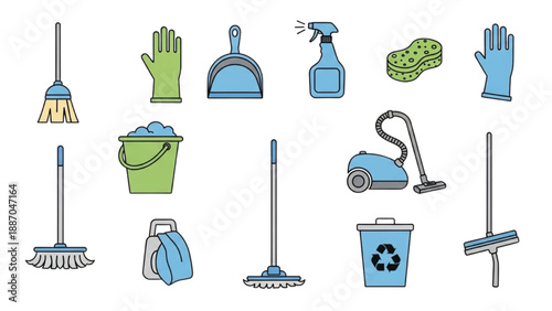 Cleaning Supplies and Tools Arranged on a White Background from a Direct Viewpoint