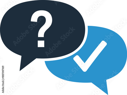 Question mark and checkmark in overlapping speech bubbles symbolizing inquiry resolution customer support frequently asked questions or communication feedback concepts