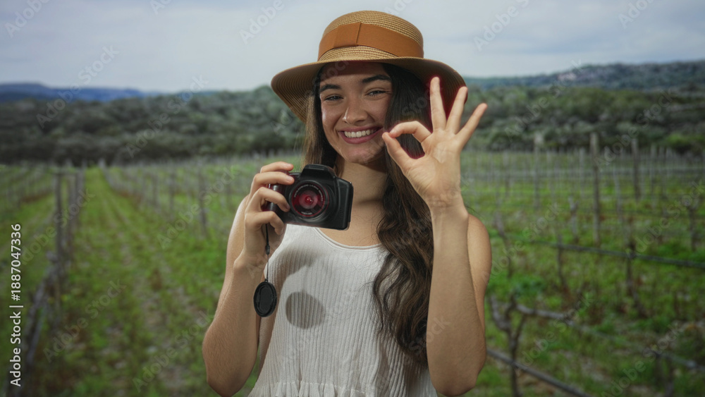 Fototapeta premium Young woman smiling face holds dslr camera and makes ok gesture in lush forest under green vines; confidence.