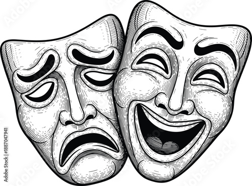 Comedy and tragedy theater masks hand drawn style vector illustration for drama performance stage art and entertainment design