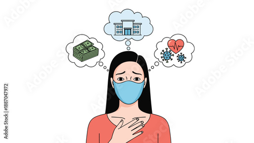 Worried woman wearing mask contemplating financial stability, housing security, and health risks during difficult times.