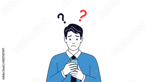 Confused man looking at his smartphone with question marks above his head indicating uncertainty or technical issues.