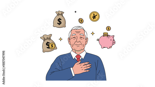 Happy senior man smiling with hand on his chest while surrounded by money bags coins and a pink piggy bank representing savings.