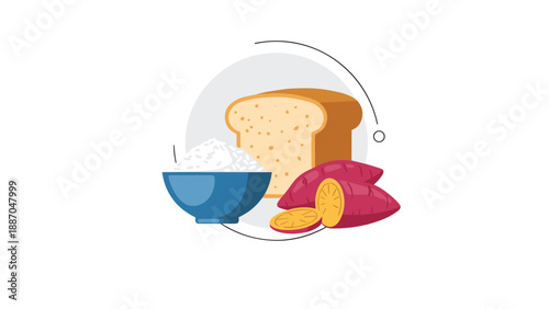 Group of staple food items including loaf of bread, bowl of steamed rice, and sliced sweet potatoes on grey circle.