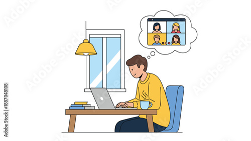 Man working from home on his laptop at a desk while thinking about an online video conference meeting with colleagues.