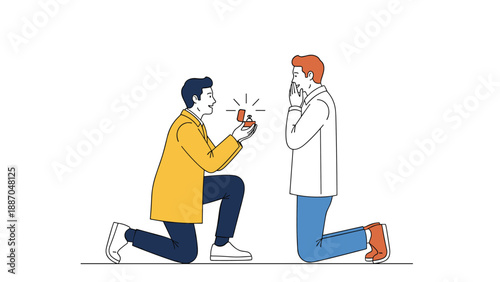Heartwarming moment of romantic proposal between two men kneeling with engagement ring box on white background.