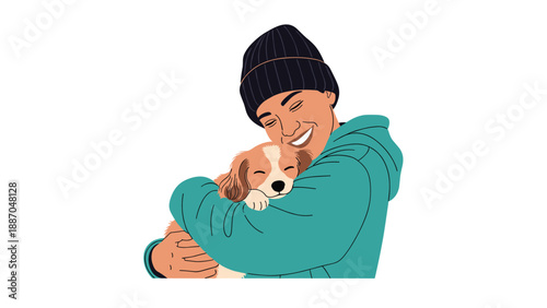 Joyful young person wearing a beanie and teal hoodie hugging a small brown and white puppy with eyes closed in pure affection.