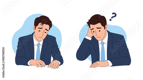Set of two character illustrations showing a businessman in a suit feeling depressed stressed and confused with a question mark.