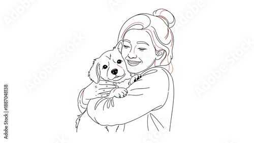 Simple black and white line art illustration of a young woman with a bun hairstyle lovingly hugging a small cute puppy.