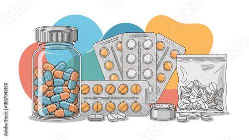 Detailed illustration of various medical drugs including a bottle of capsules blister packs of pills and a bag of tablets.