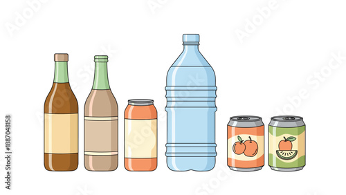 Row of various beverage containers including glass bottles aluminum cans and a large plastic water bottle for recycling.