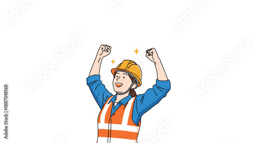 Happy female construction worker in a safety helmet and vest cheering with her fists raised in success or achievement.