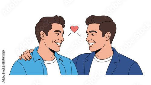 Two young men looking at each other and smiling with a small heart floating between them to represent love and friendship.