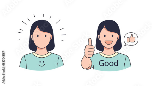 Two panels of a woman expressing positive feelings like being refreshed or happy and giving a thumbs up with a good sign.