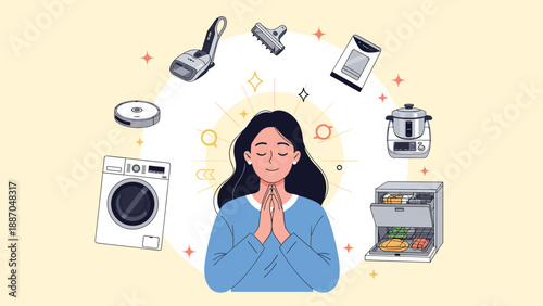 Peaceful woman surrounded by household appliances like a washing machine, vacuum, and dishwasher for convenience.
