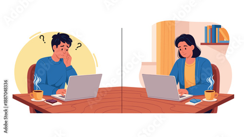 Split screen comparison of a man struggling with laptop problems and a woman working happily on her computer.