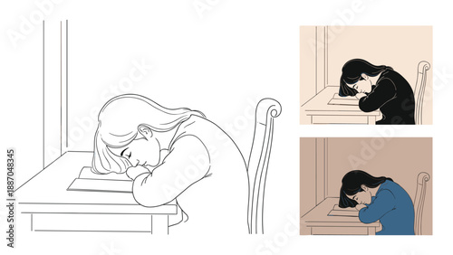 Three artistic versions of a student girl sleeping on an open book at her desk showing tiredness and exhaustion.
