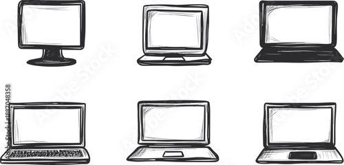 Hand Drawn Laptop and Desktop Computer Screen Icon Sketch Set