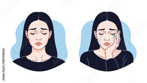 Sad young woman crying and feeling depressed shown in two different emotional stages with tears and a sorrowful expression.
